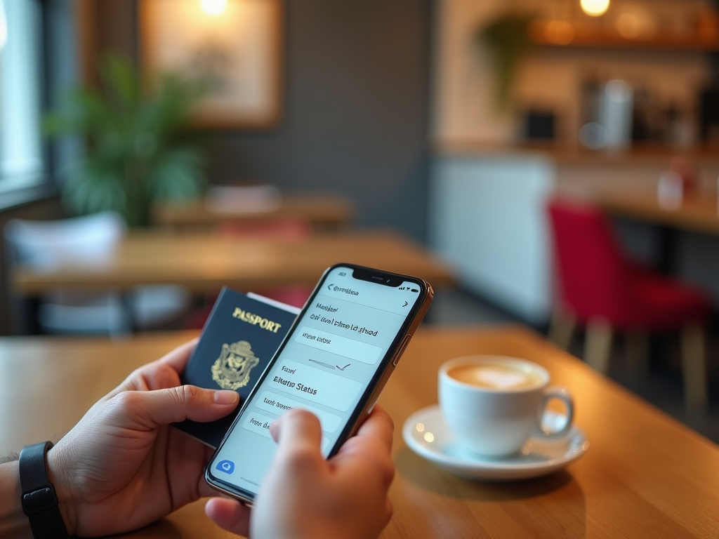 Человек в кафе держит паспорт и смартфон с открытым приложением для путешествий, на переднем плане чашка кофе.